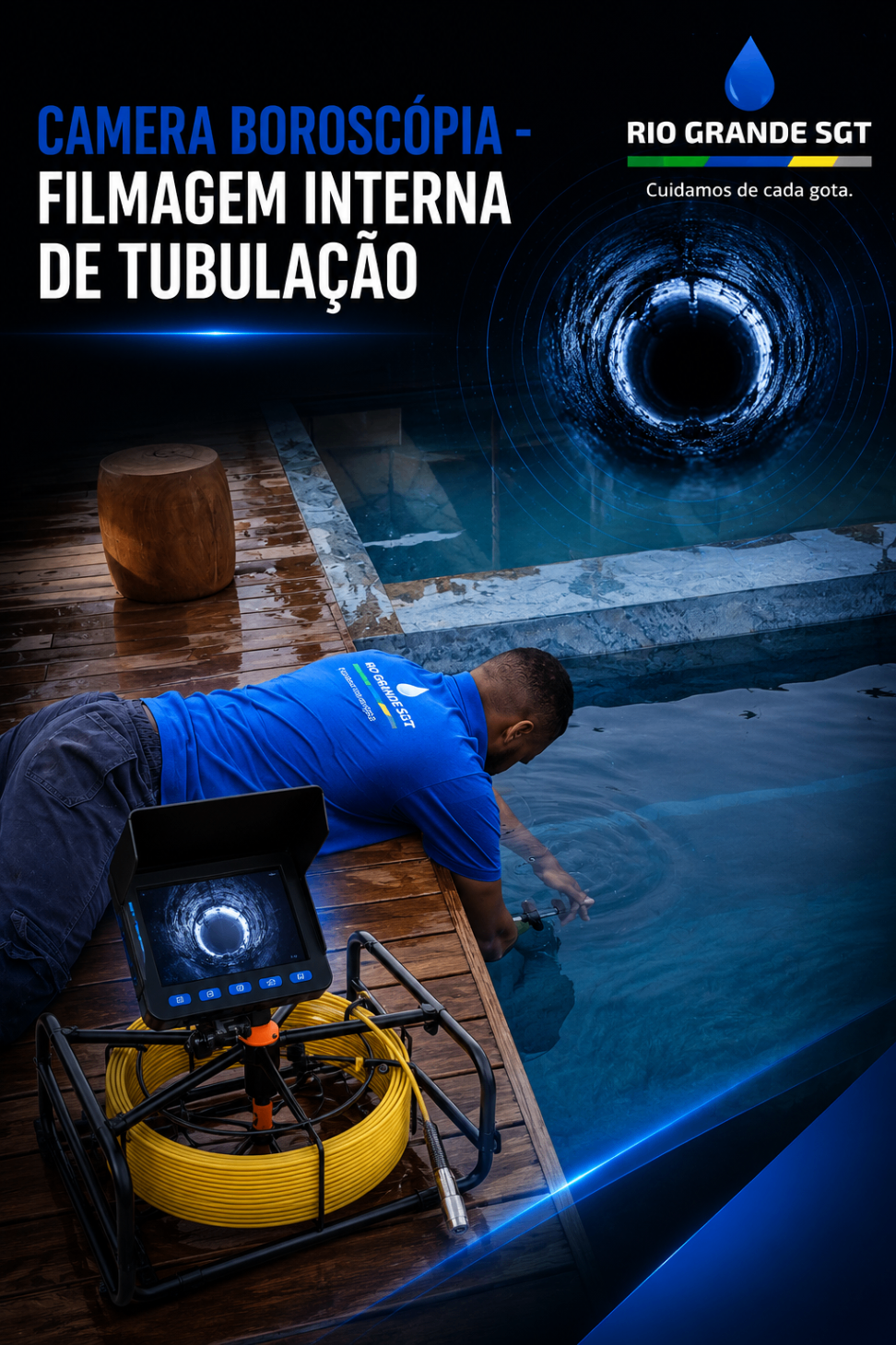 Câmera boroscópica usada para filmagem interna de tubulação