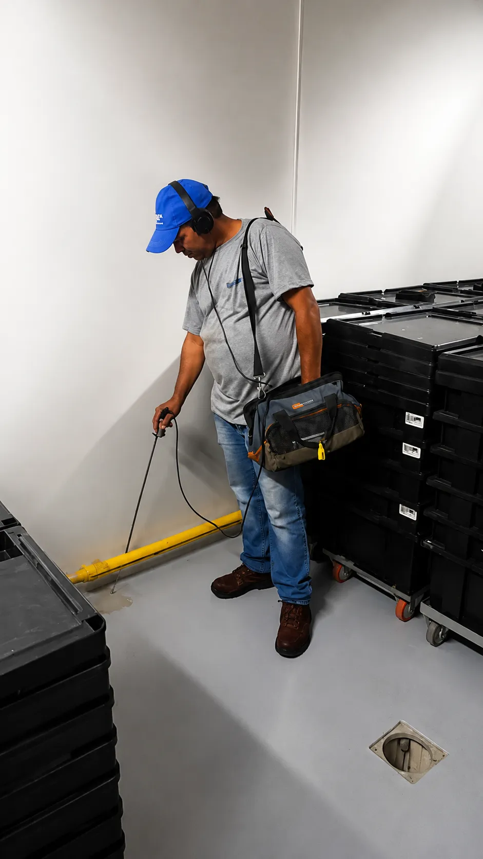 Técnico verificando vazamento oculto em ambiente industrial interno