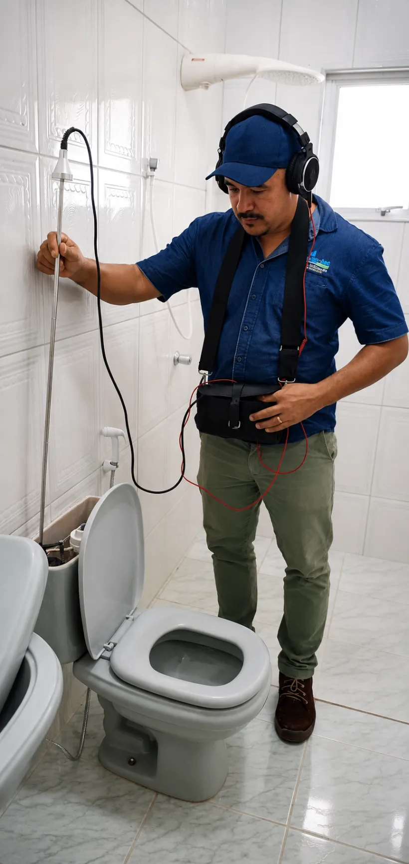 Equipe aplicando geofone eletrônico para localização de vazamento oculto
